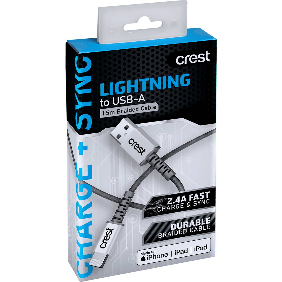 Crest Lightning to USB A Braided Cable Assorted 1.5m