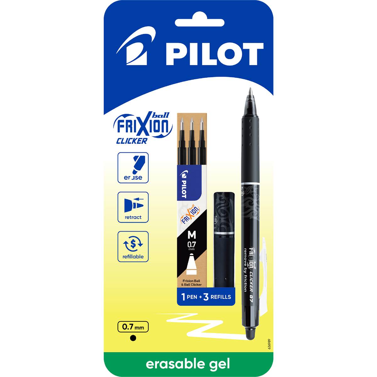 Pilot FriXion Erasable Retractable Gel Pen 0.7mm Black +3 refills each