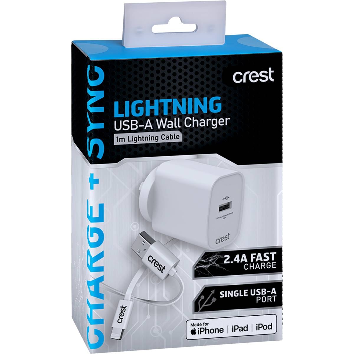 Crest Lightning USB-A Wall Charger & Cable 1m