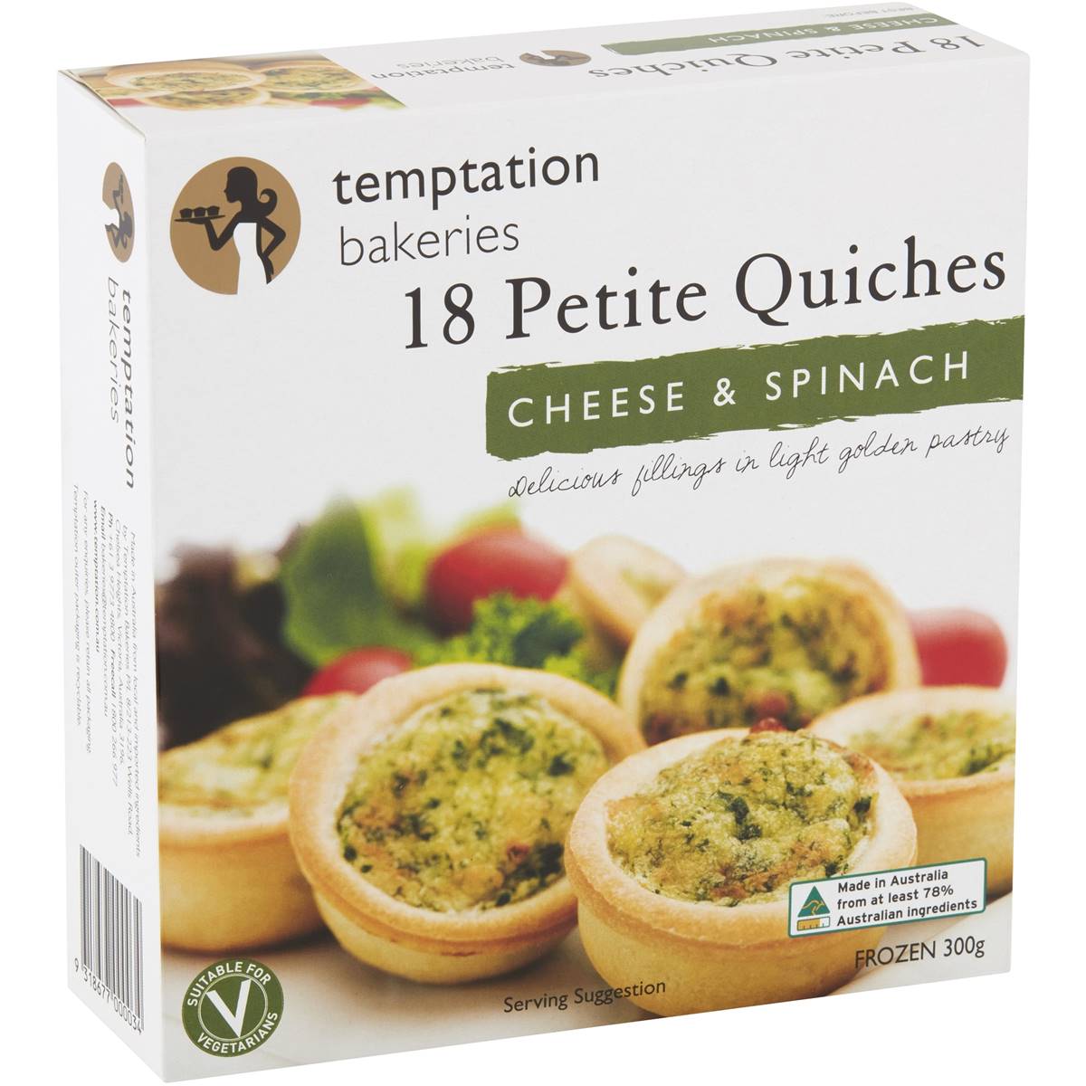 Calories in Temptation Bakeries Quiche Petite Cheese & Spinach