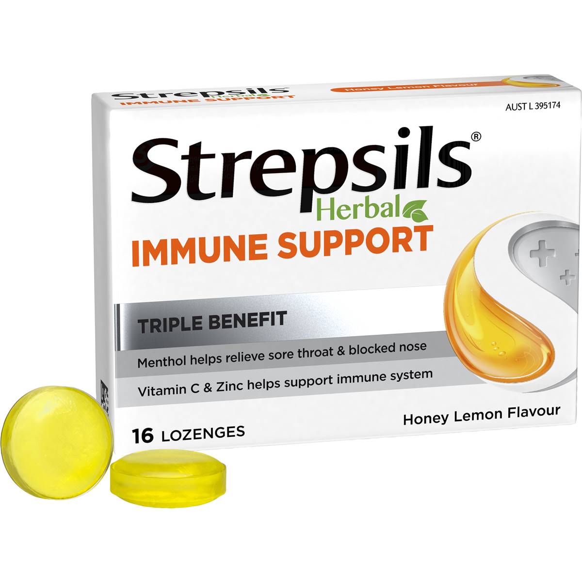 Strepsils Herbal Lozenges Immune Support Honey Lemon 16 pack