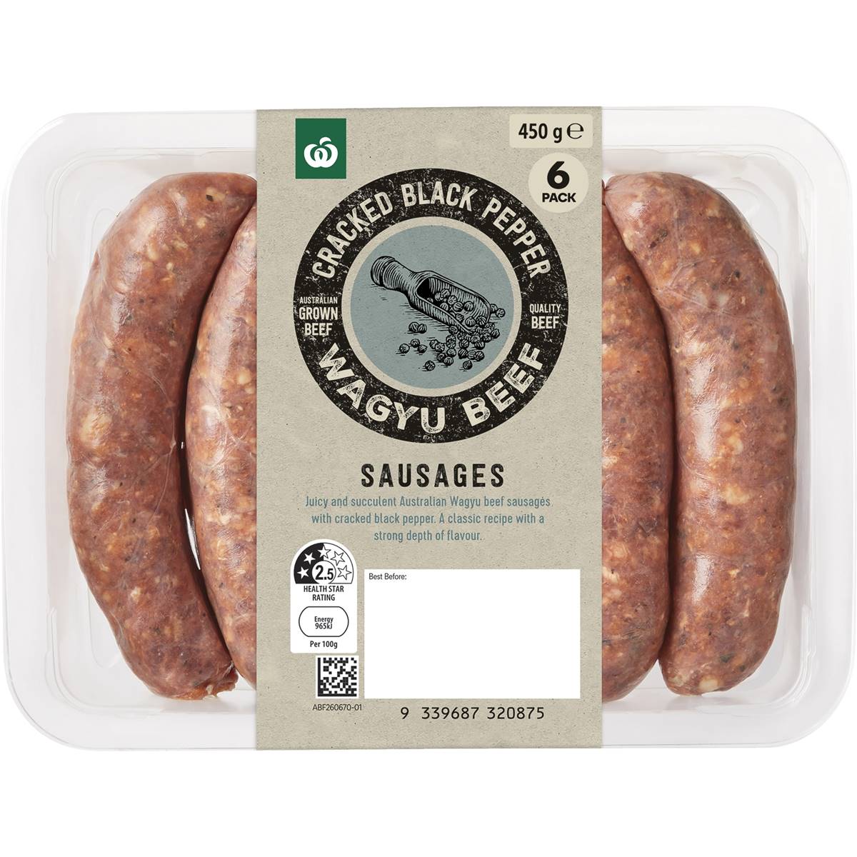 Calories in Woolworths Cracked Black Pepper & Wagyu Beef Sausages calcount
