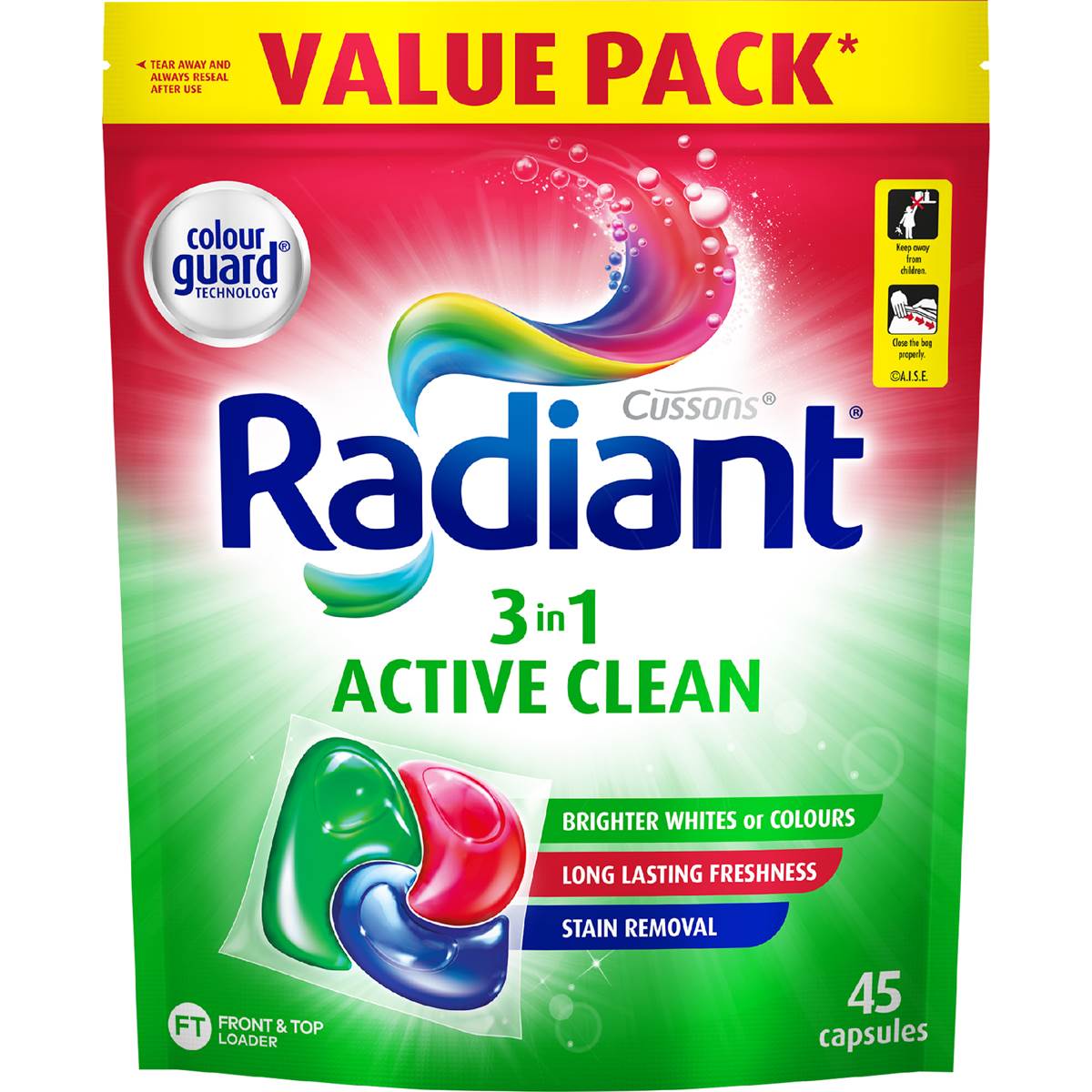 Radiant Active Clean Laundry Capsules 3-In-1 Washing Detergent 45 pack