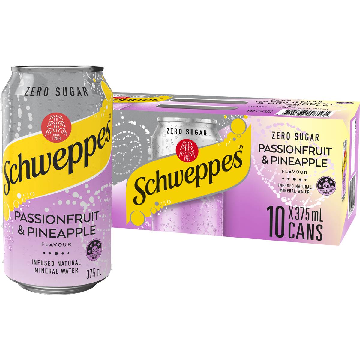 Schweppes Zero Sugar Sparkling Mineral Water Passionfruit Pineapple 375mL x 10 pack