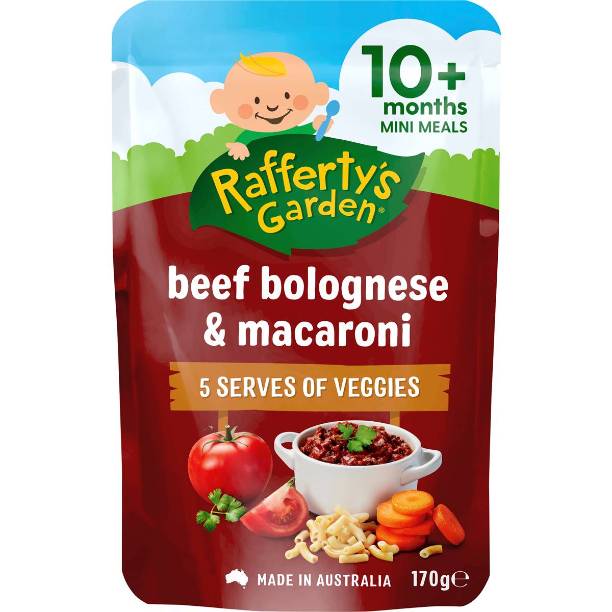 Calories in Rafferty's Garden Baby Food Pouch Beef Bolognese & Macaroni 10+ Months