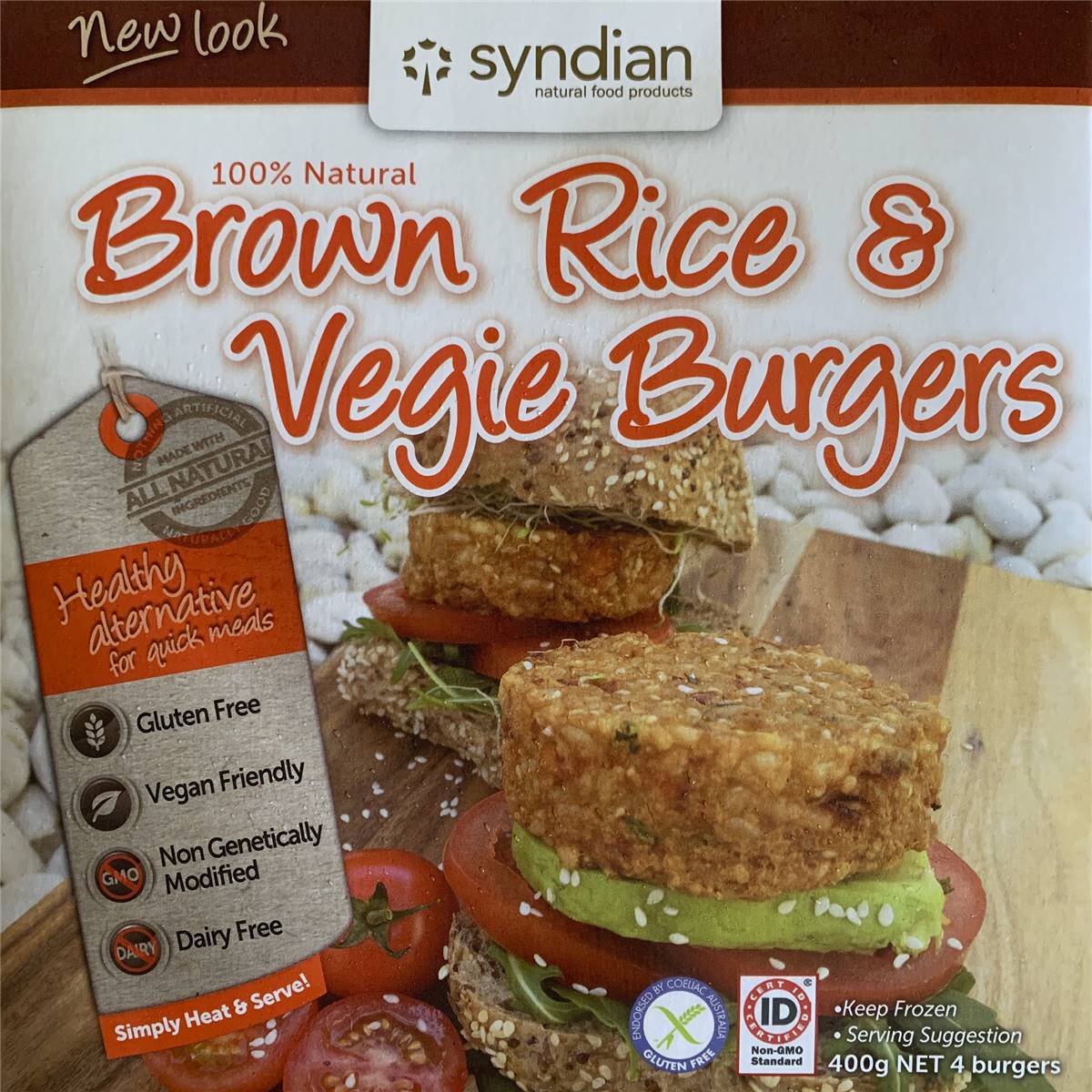 Calories in Syndian Gluten Free Burgers Brown Rice & Vegetable