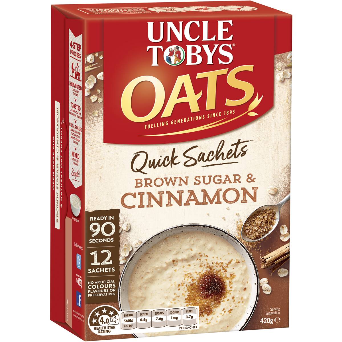 Calories in Uncle Tobys Oats Quick Sachets Brownsugar & Cinnamon Porridge