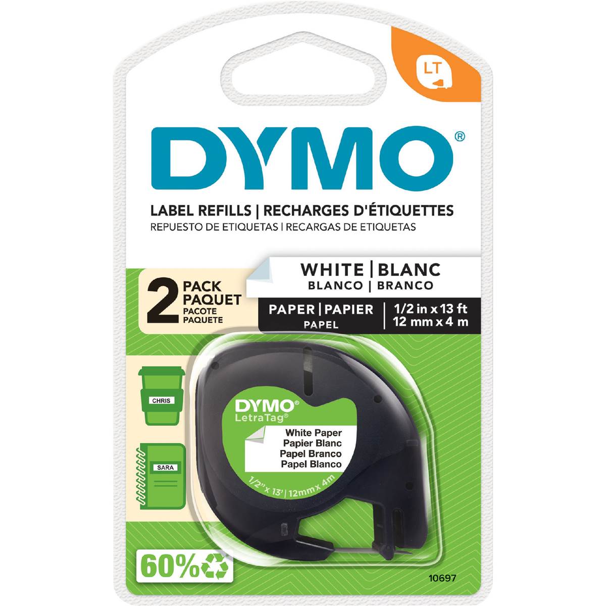 Dymo LetraTag Paper Tape 12mm x 4M White 2 pack