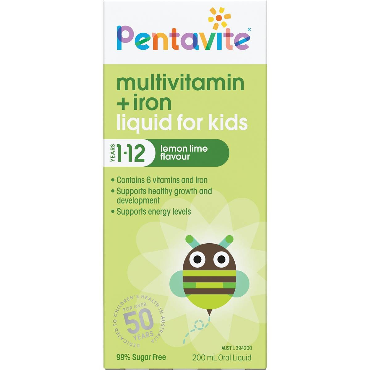 Pentavite Multivitamin + Iron Kids Liquid Lemon Lime 200mL