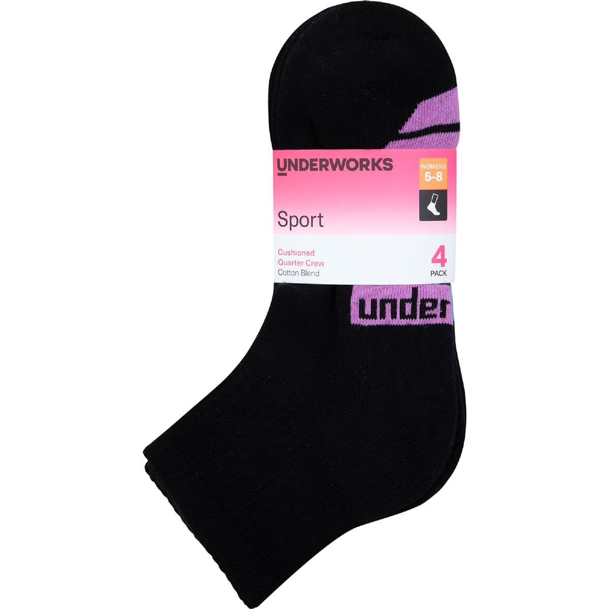 Underworks Ladies Quarter Crew Socks Size 5-8 Black