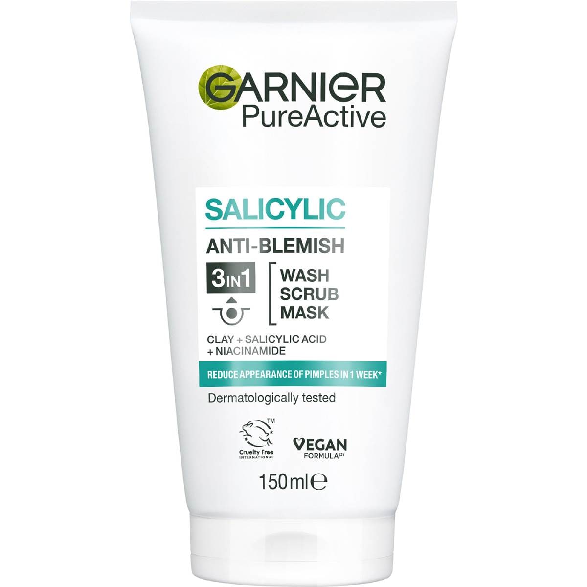 Garnier Pure Active 3-In-1 Clay Wash Scrub & Mask 150mL