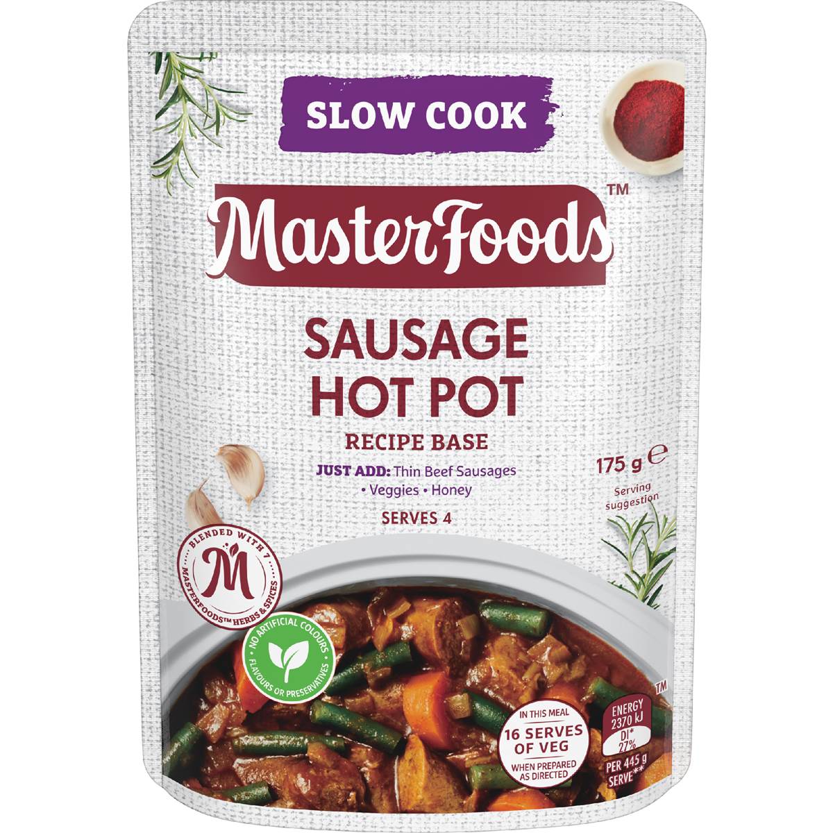 Calories in Masterfoods Sausage Hot Pot Slow Cook Recipe Base calcount