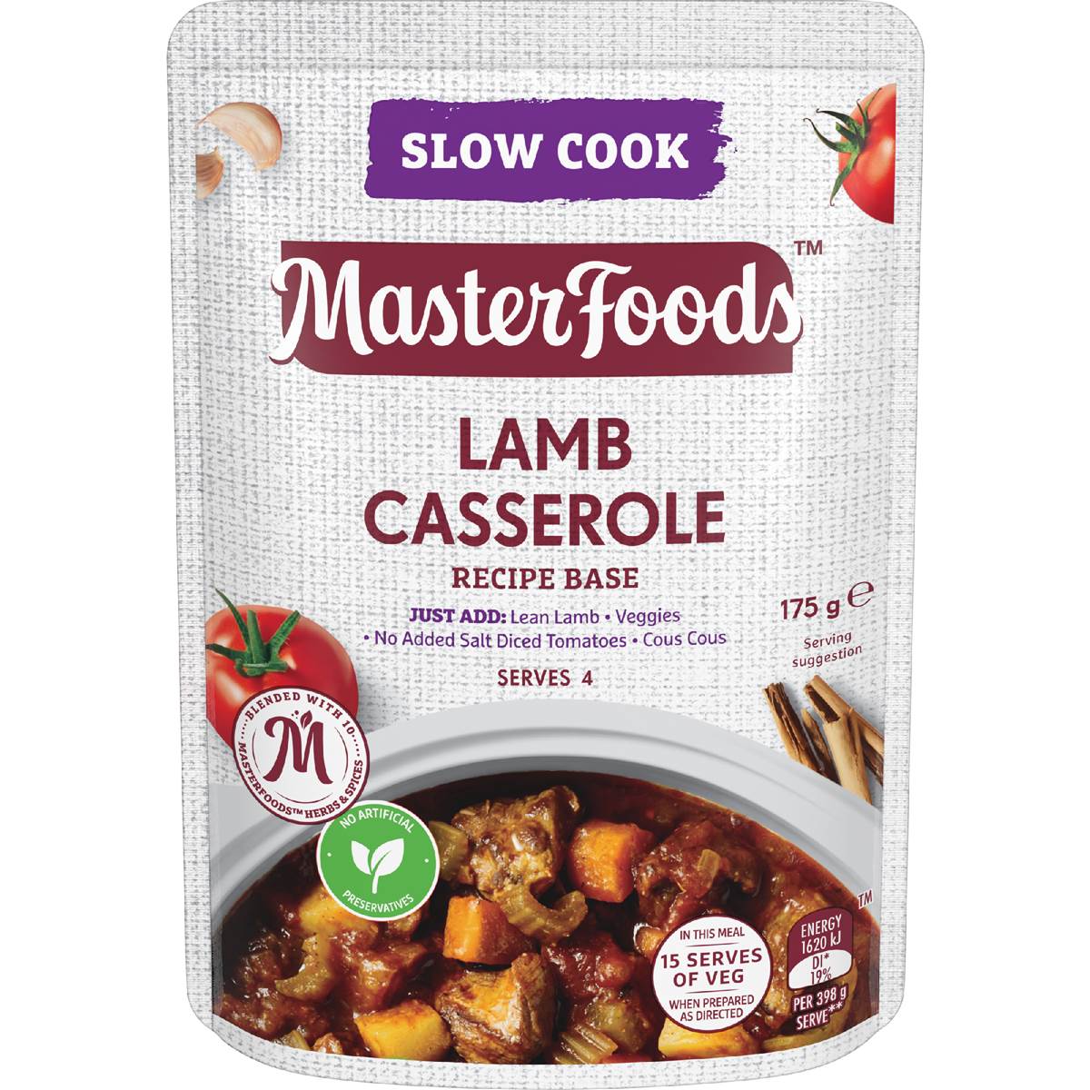Calories in Masterfoods Lamb Casserole Slow Cook Recipe Base calcount