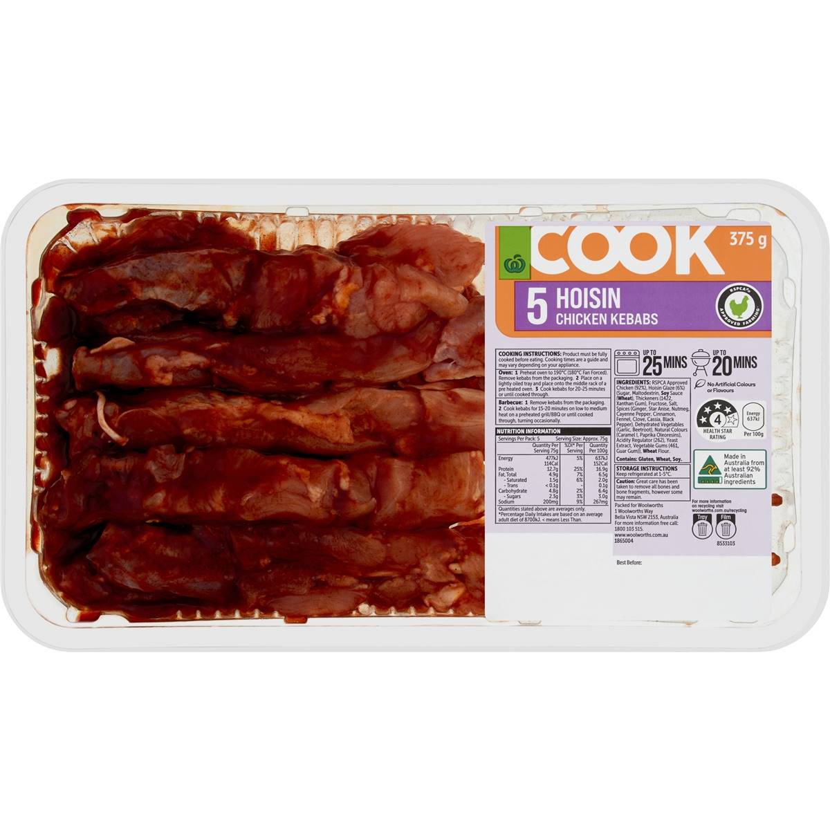 Calories in Woolworths Cook Chicken Kebabs Hoisin calcount