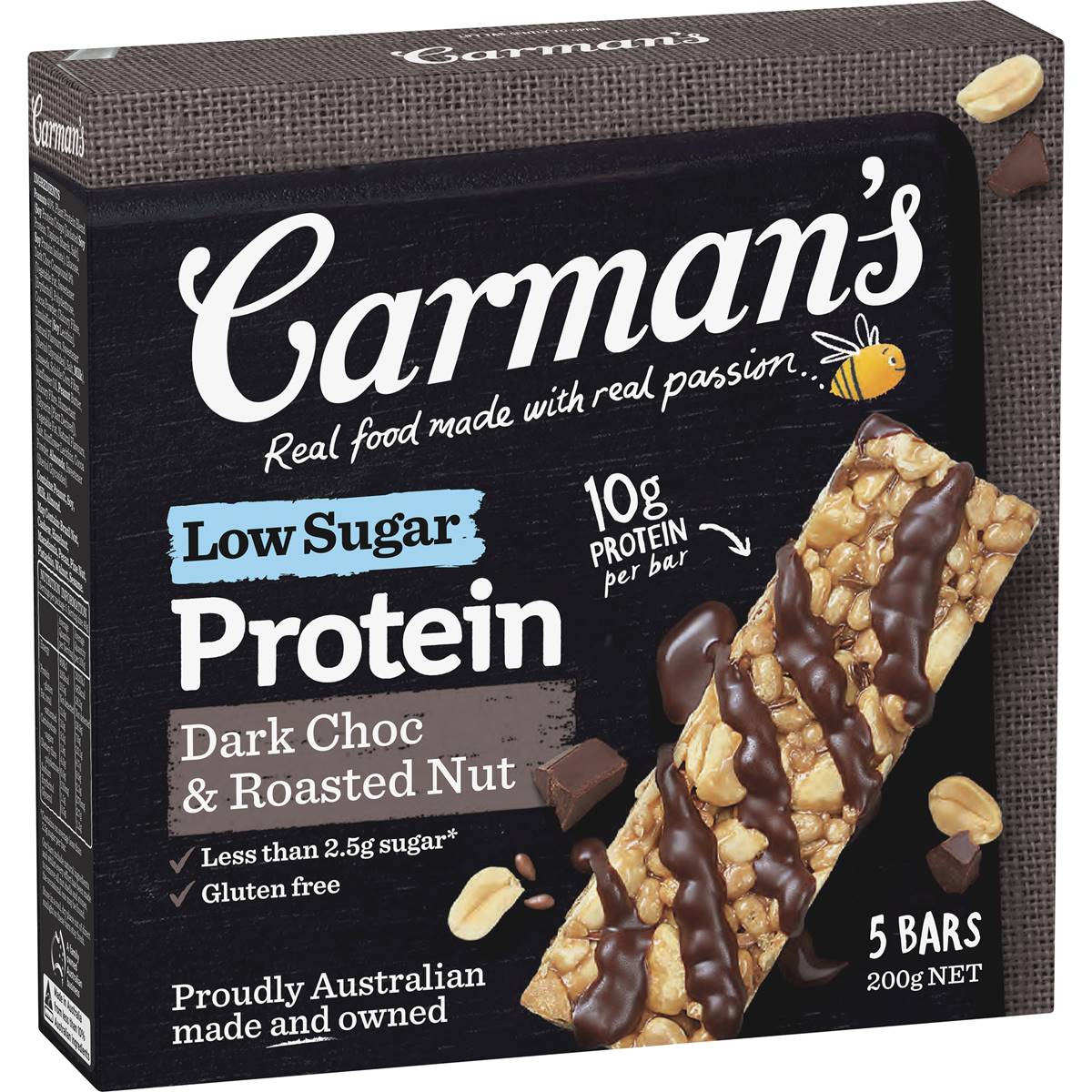 Calories in Carman's Low Sugar Protein Dark Choc & Roasted Nut Bar