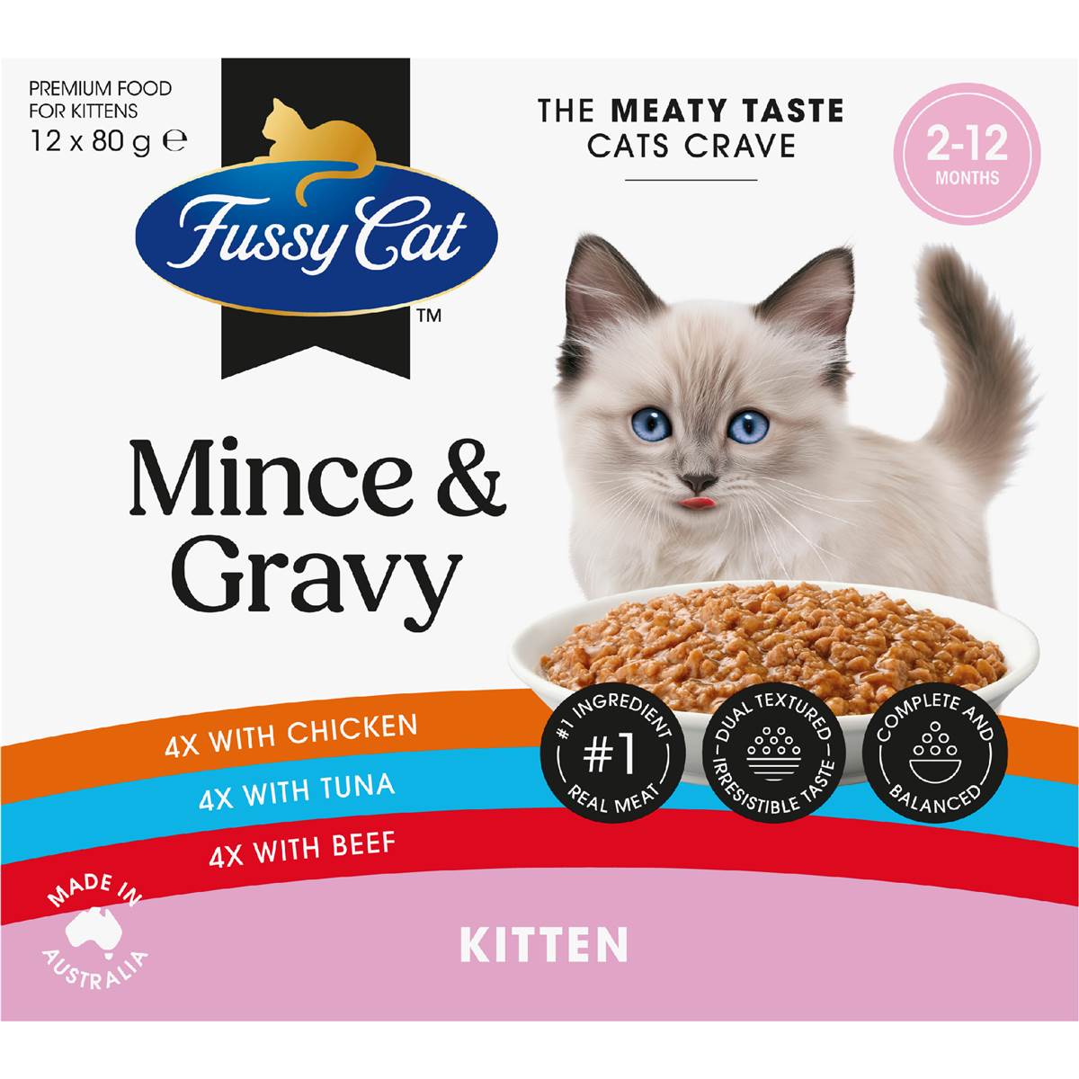 Fussy Cat Grain Free Meaty Mince & Chicken Gravy Kitten Wet Food 80g x 12 pack – Woolworths