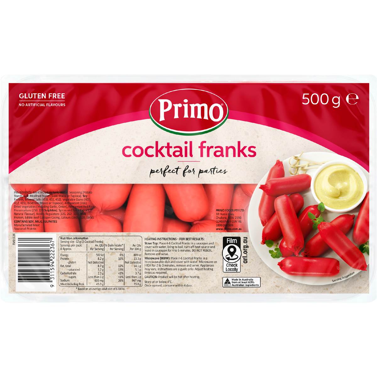 Primo Hot Dog Cocktail Frankfurts 500g