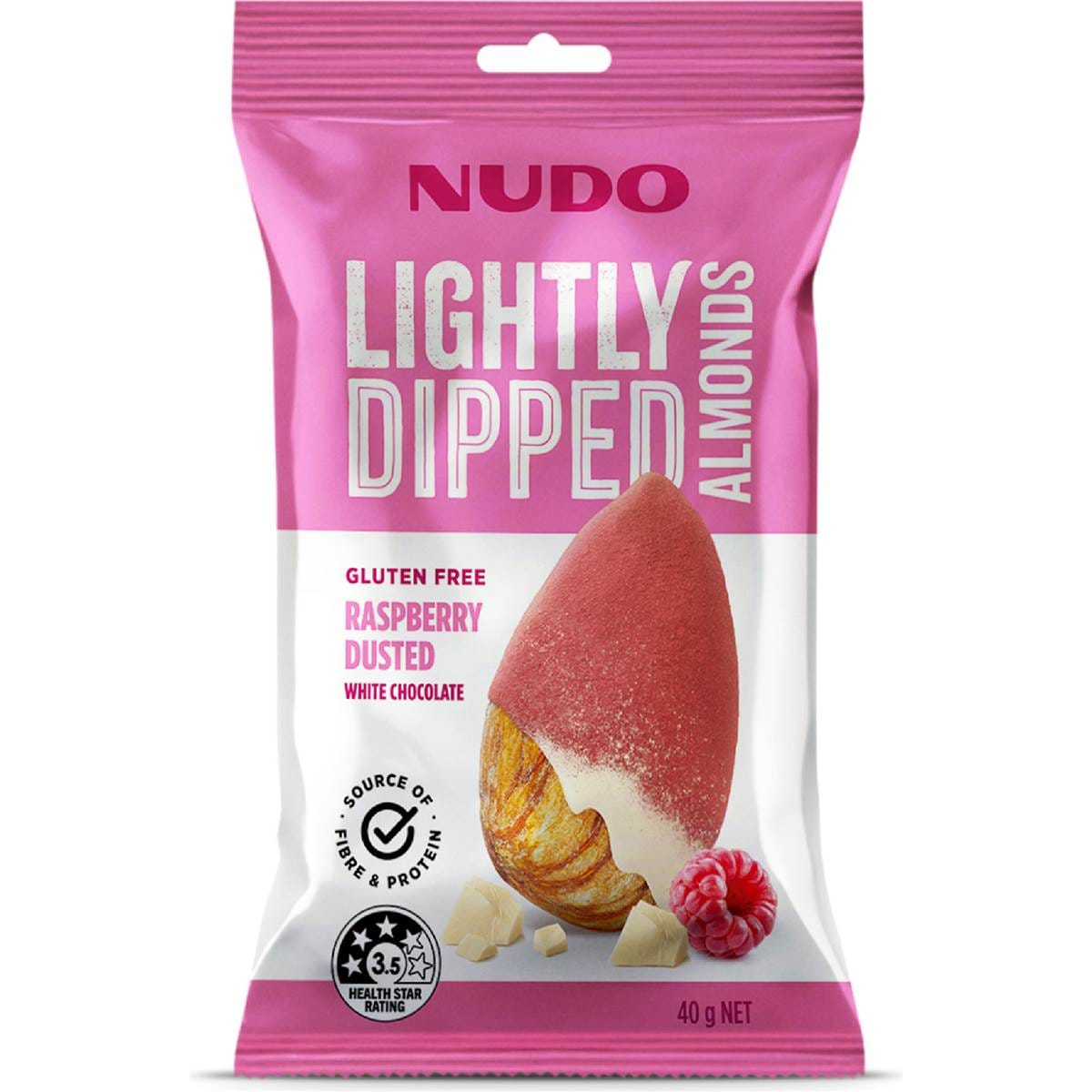 Nudo Lightly Dipped Almonds Raspberry Dusted White Choc 40g