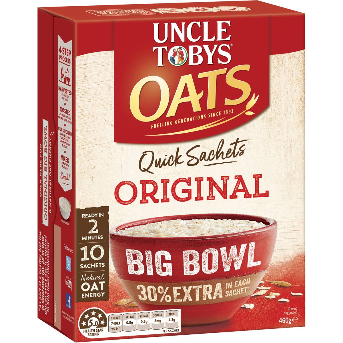 Calories in Uncle Tobys Oats Quick Sachets Big Bowl Original Porridge