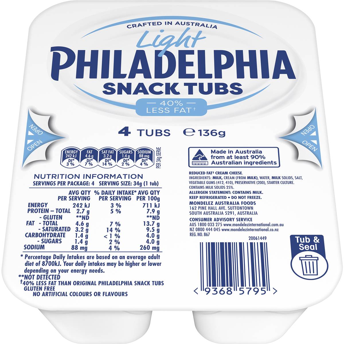 Calories in Philadelphia Light Cream Cheese Snack Tub calcount