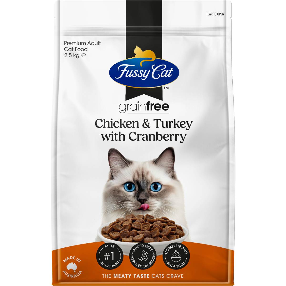 Fussy Cat Grain Free Adult Dry Cat Food Chicken & Turkey & Cranberries 2.5kg – Woolworths