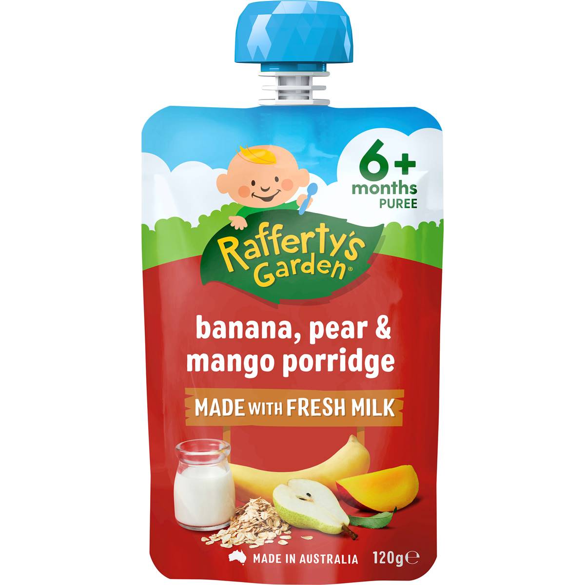 Calories in Rafferty's Garden Ready To Eat Porridge 6 Months Pear Banana & Mango