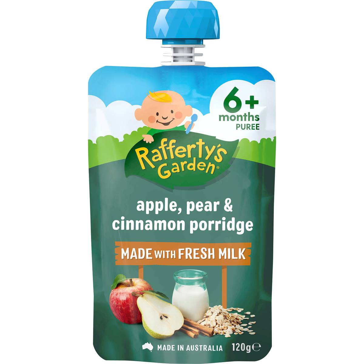 Calories in Rafferty's Garden Baby Food Pouch Apple, Pear & Cinnamon Porridge 6+ Months