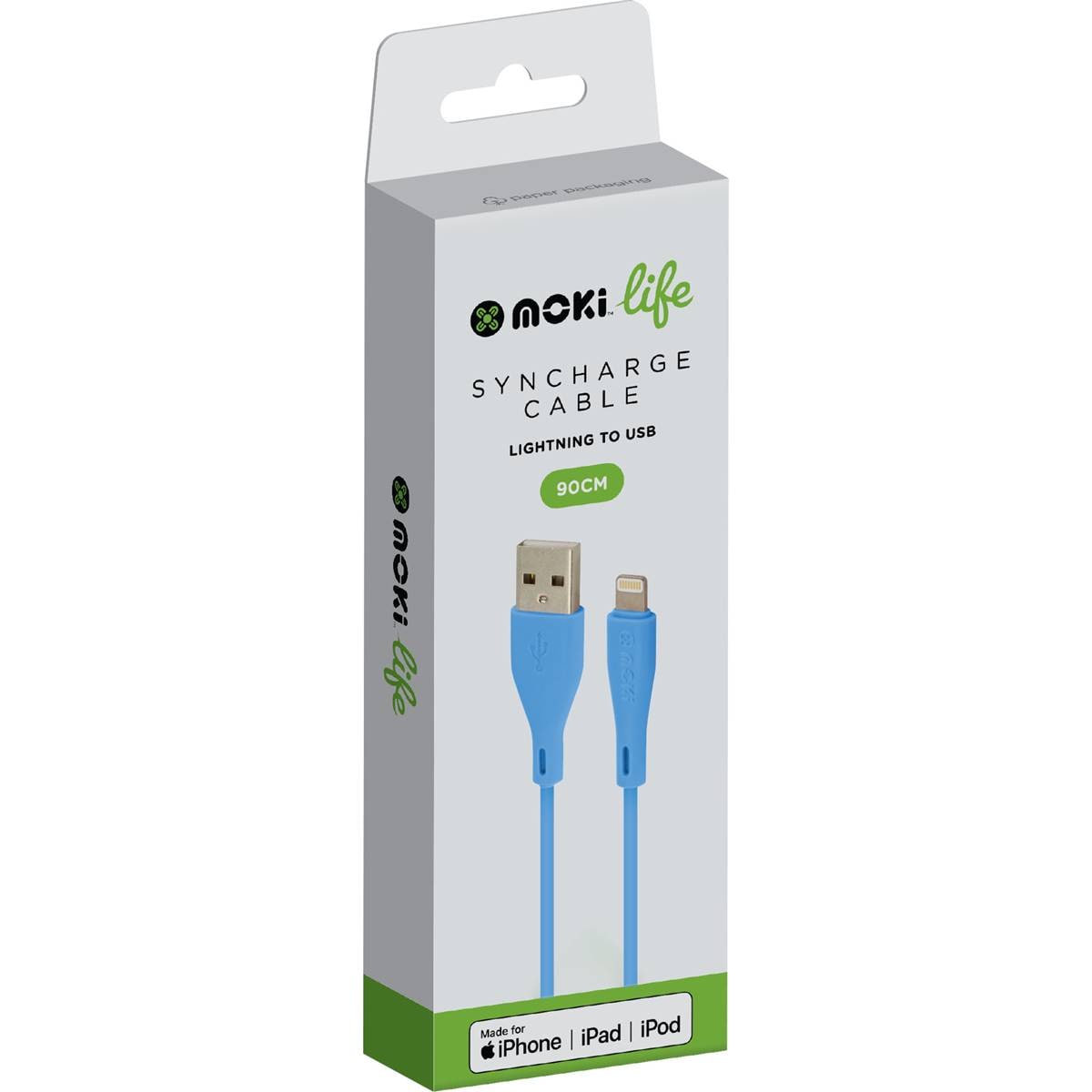 Moki Life 90cm Syncharge Cable Lightning to USB Blue