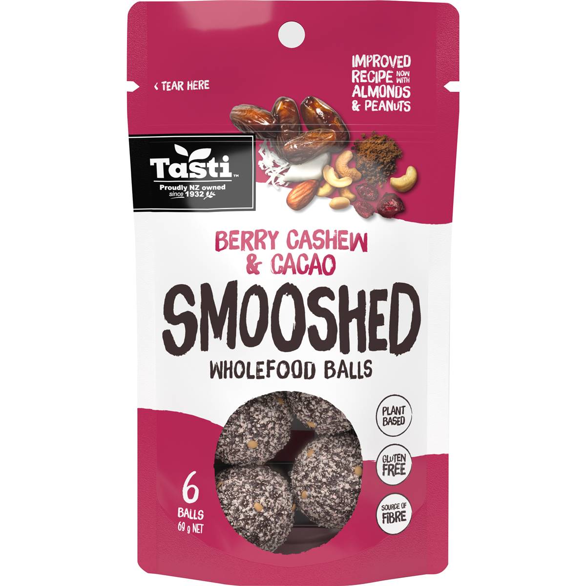 Calories in Tasti Smooshed Wholefood Balls Berry Cashew & Cacao