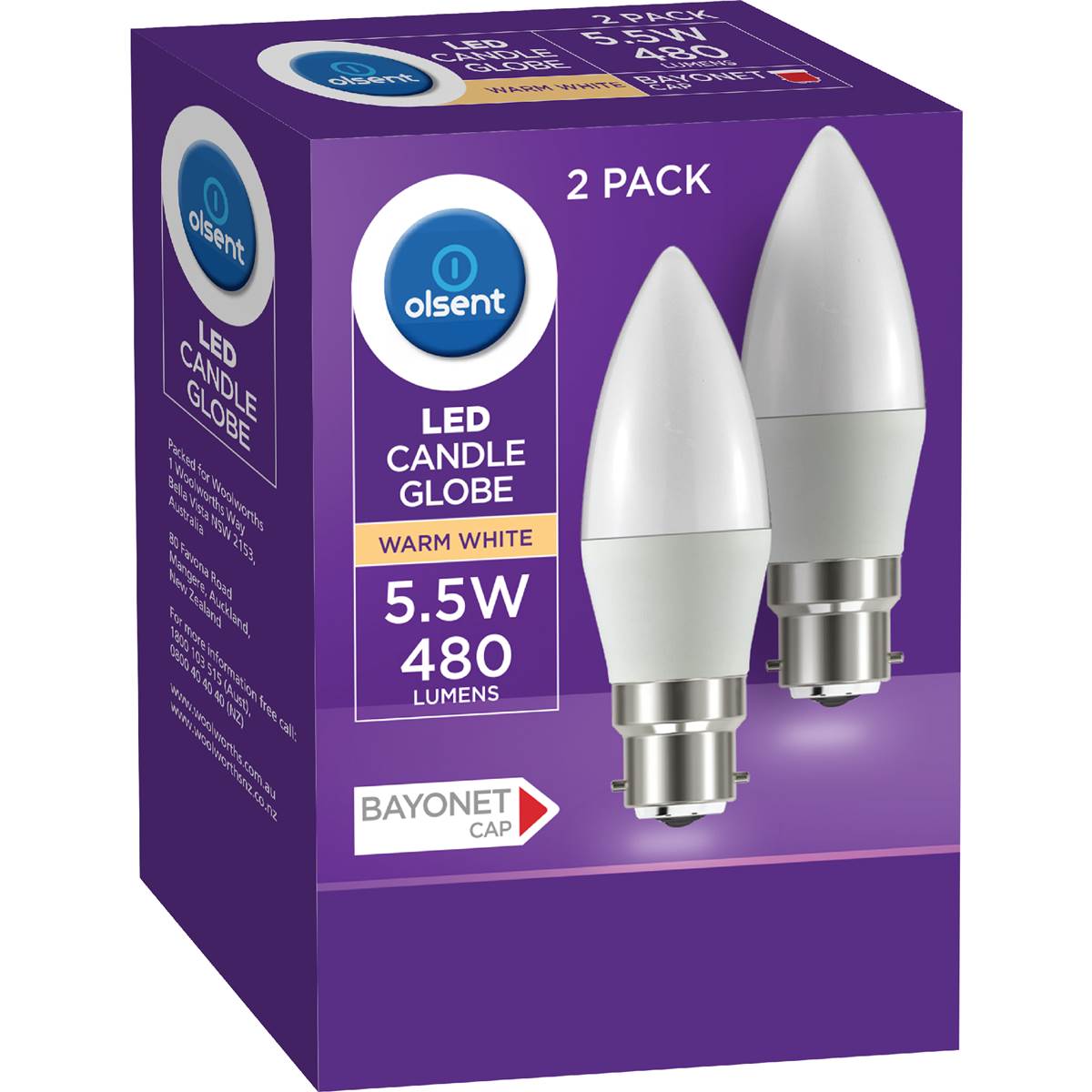 Olsent LED Candle Globe Bc 5.5W 480Lm Warm White