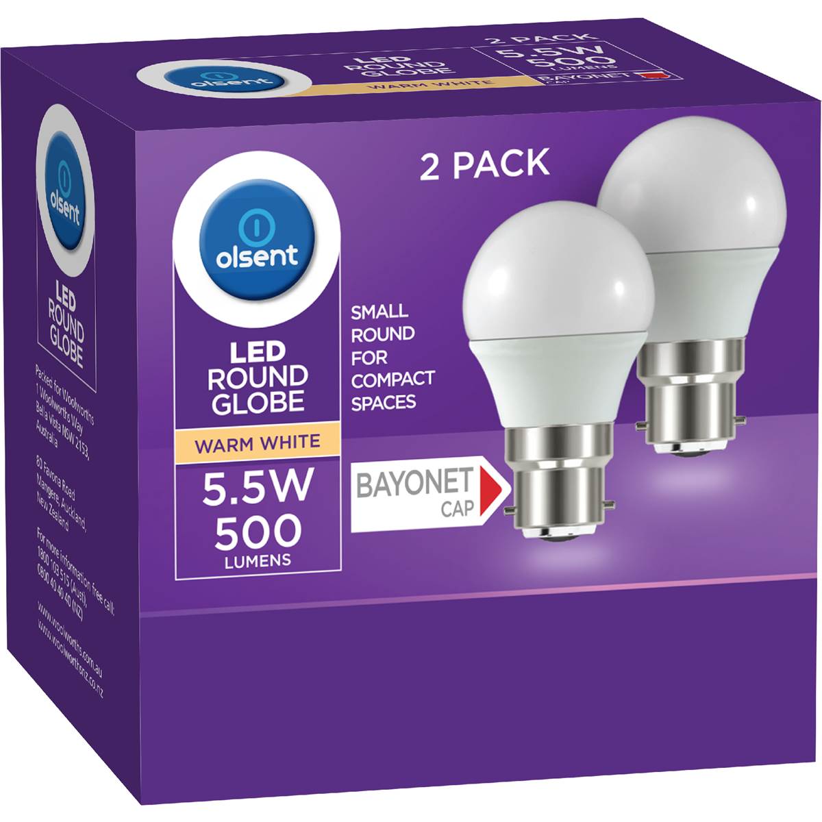 Olsent LED Round Globe Bc 5.5W 500Lm Warm White