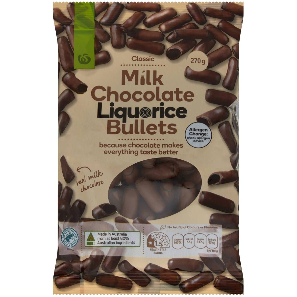 Calories in Woolworths Milk Chocolate Liquorice Bullets calcount