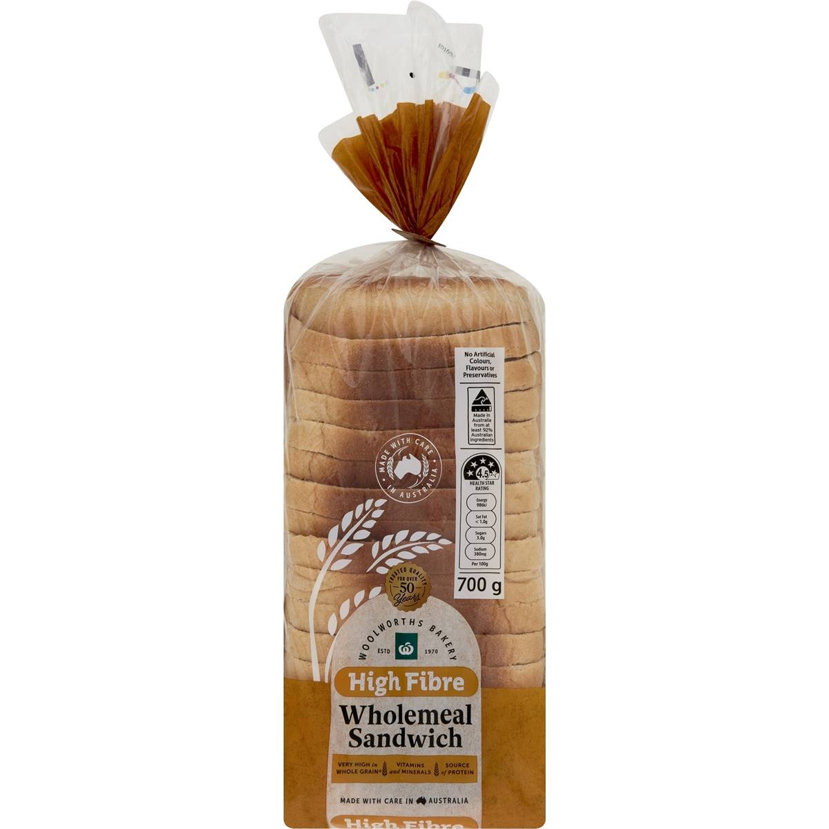 Calories in Woolworths Wholemeal Sandwich Hi-fibre Bread