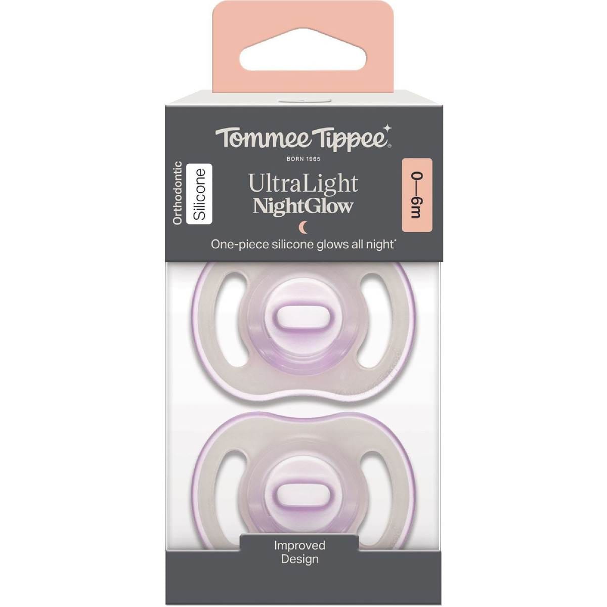 Tommee Tippee Ultra Light Silicone Soother Night 0-6M Assorted 2 pack