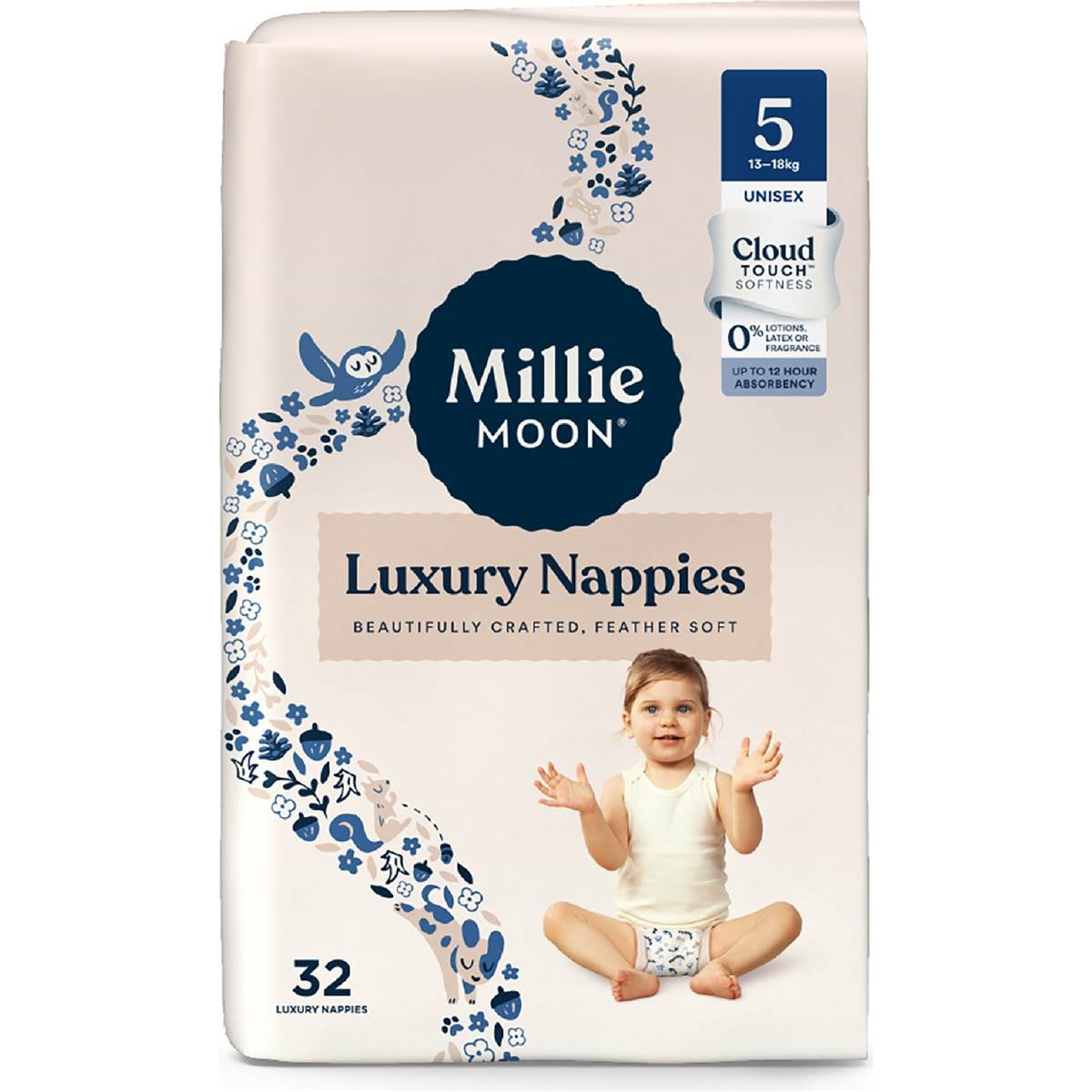 Millie Moon Luxury Nappies Size 5 Walker (13-18kg) 32 pack – Woolworths