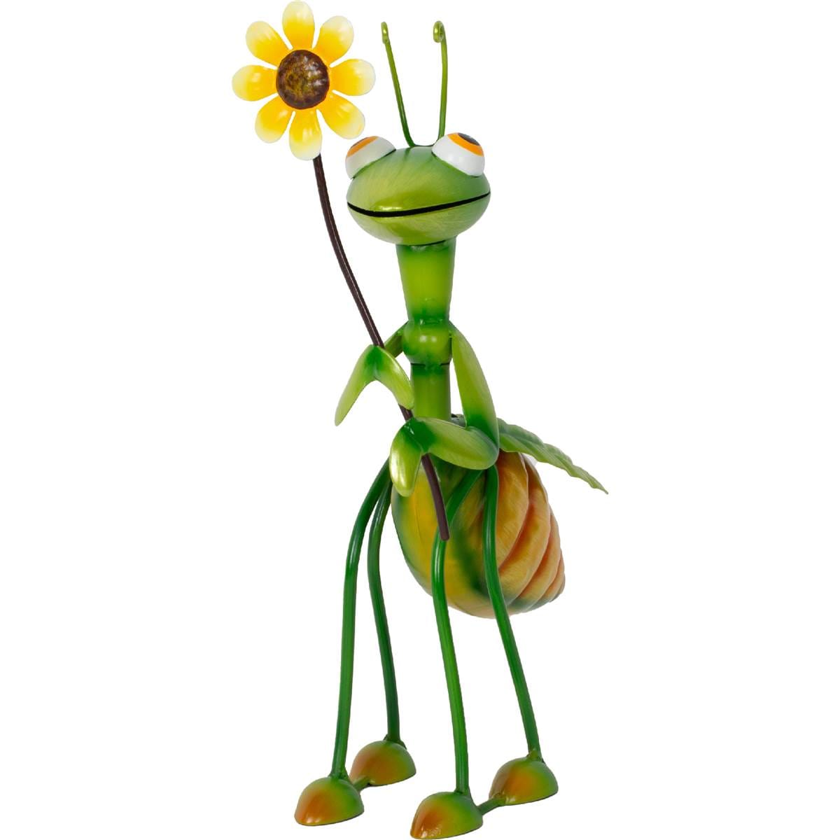 Green Gardener Metal Grasshopper With Flower With Flowers