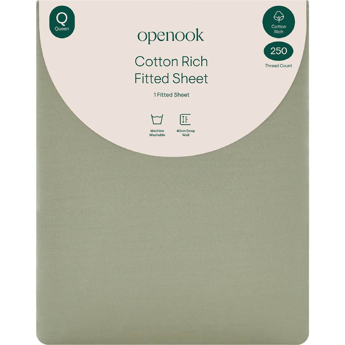 Openook 250TC Cotton Rich Fitted Sheet Queen Bed Green