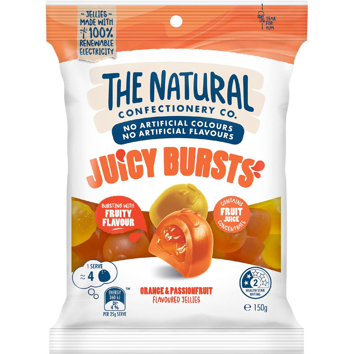 The Natural Confectionery Co. Juicy Bursts Lollies Orange & Passionfruit 150g