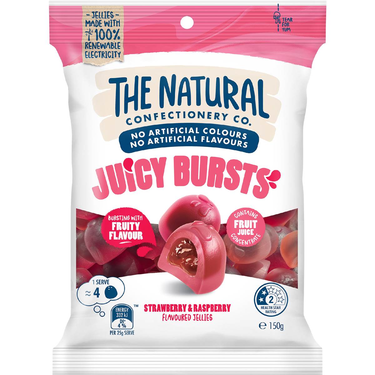 The Natural Confectionery Co. Juicy Bursts Lollies Strawberry & Raspberry 150g