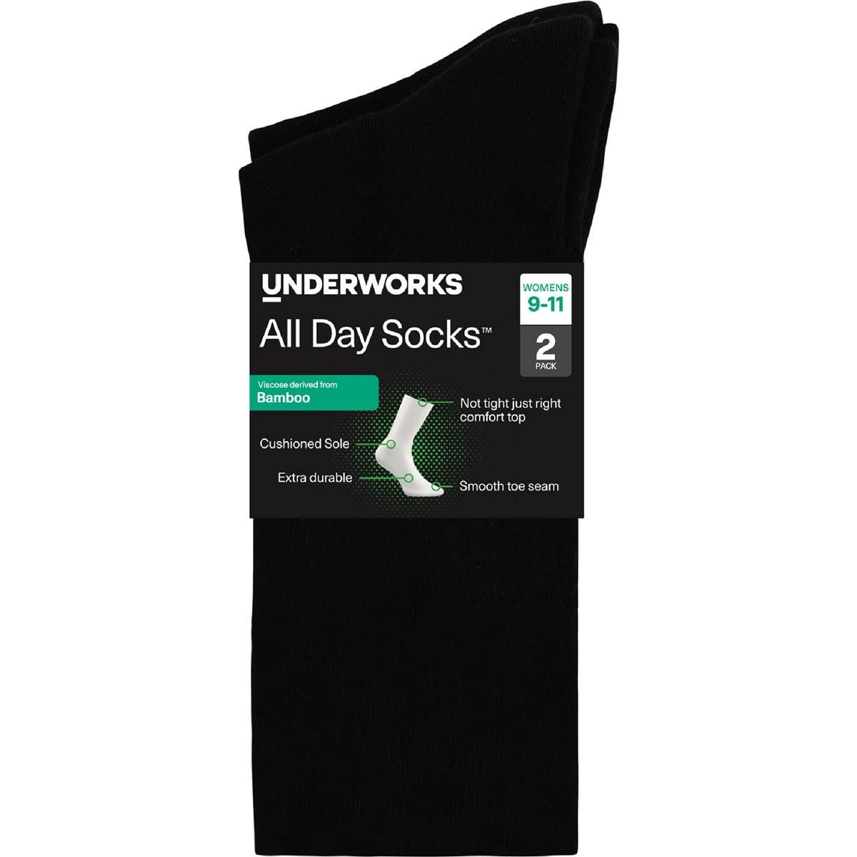 Underworks Womens All Day Bamboo Crew Socks Black Size 9-11