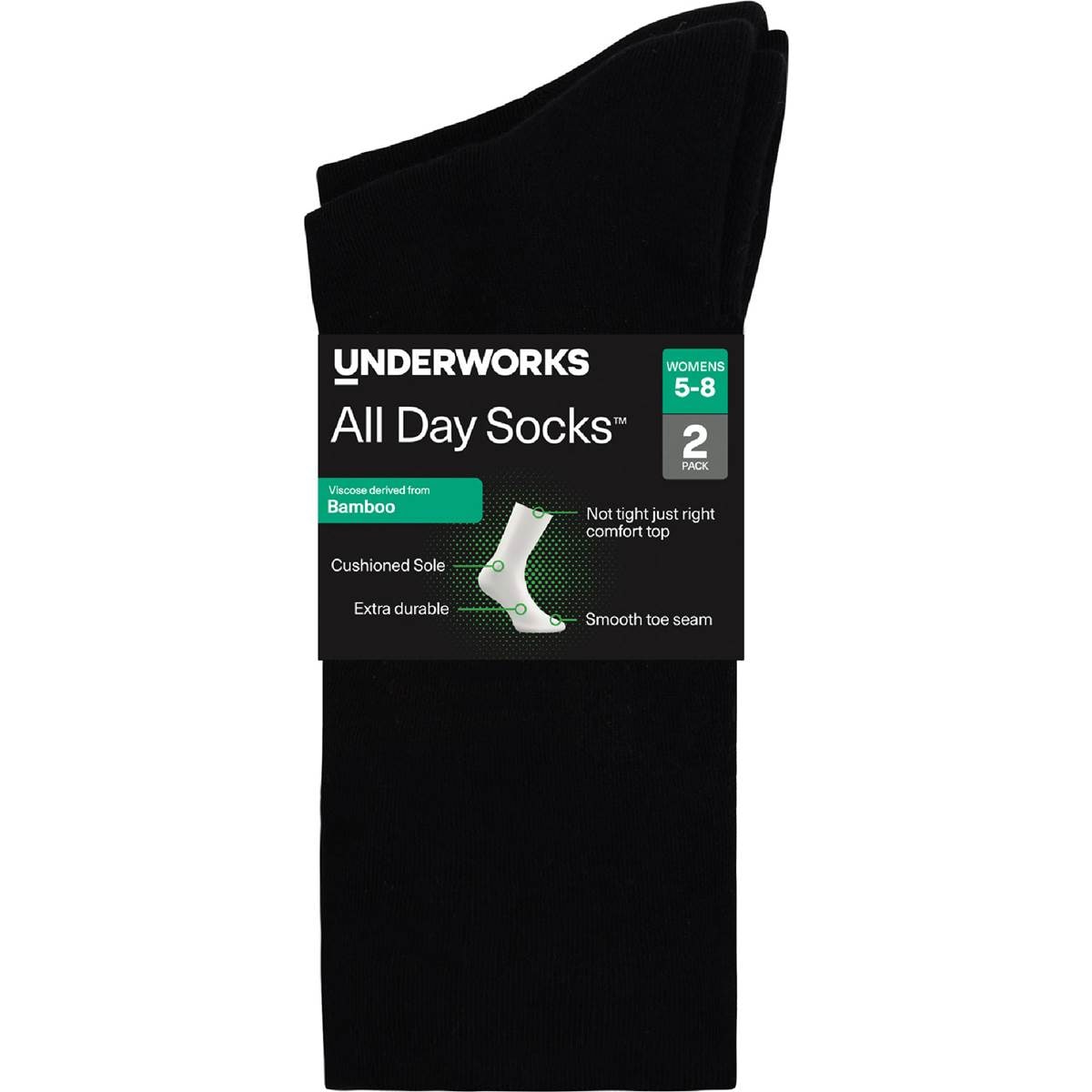 Underworks Womens All Day Bamboo Crew Socks Black Size 5-8