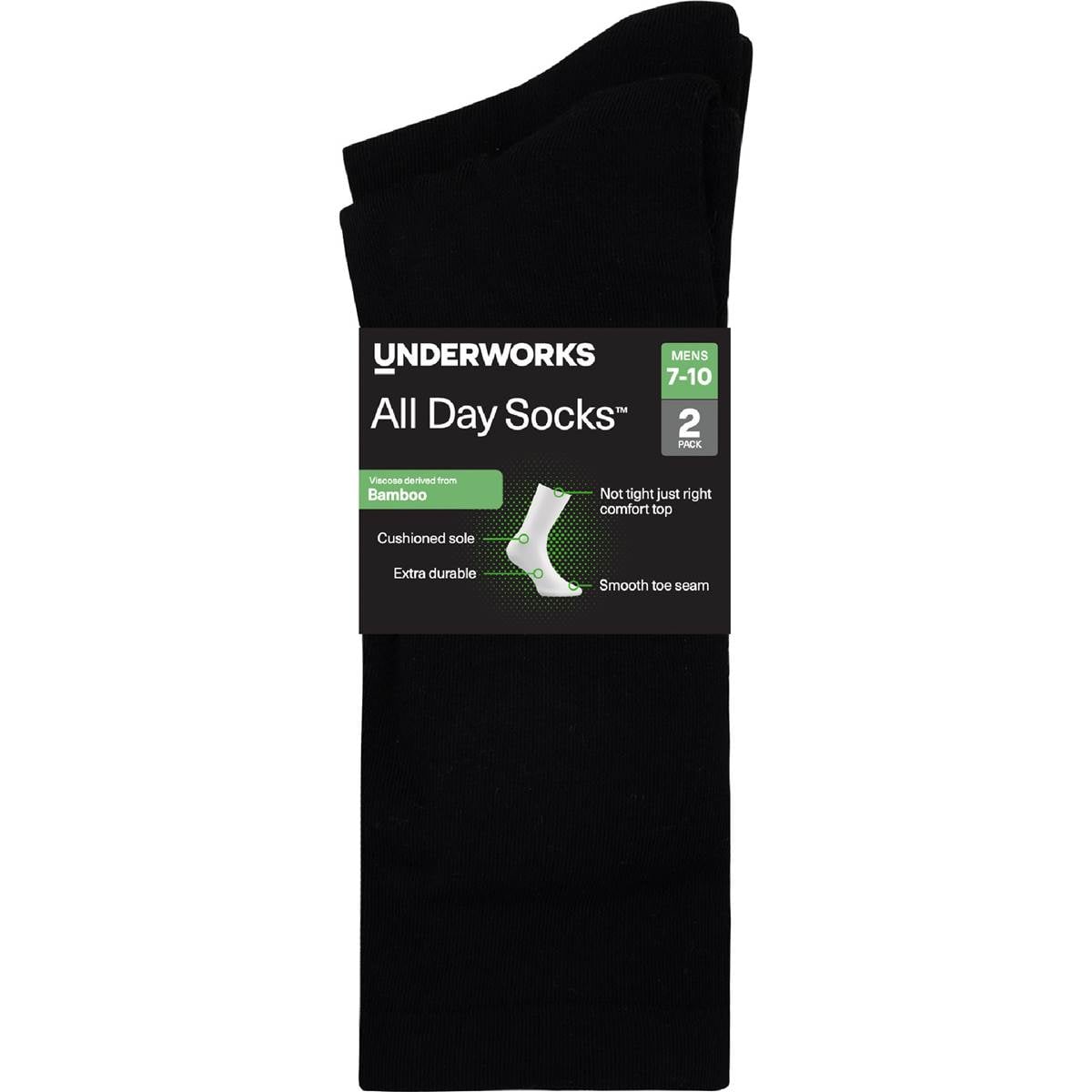 Underworks Mens All Day Bamboo Crew Socks Black Size 7-10 2 pack