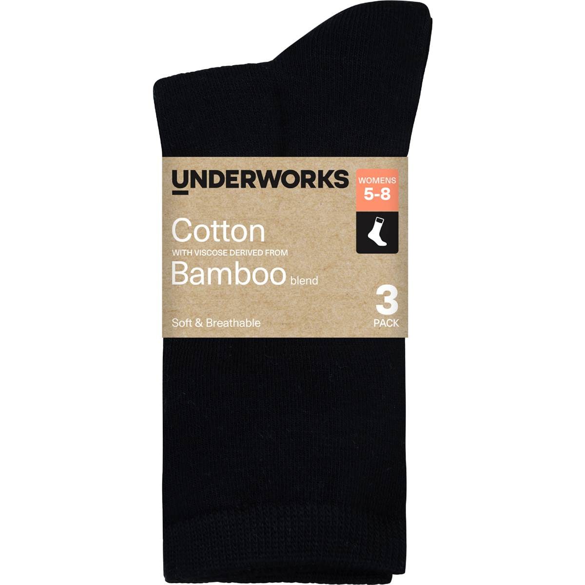 Underworks Womens Cotton Bamboo Socks Black Size 5-8