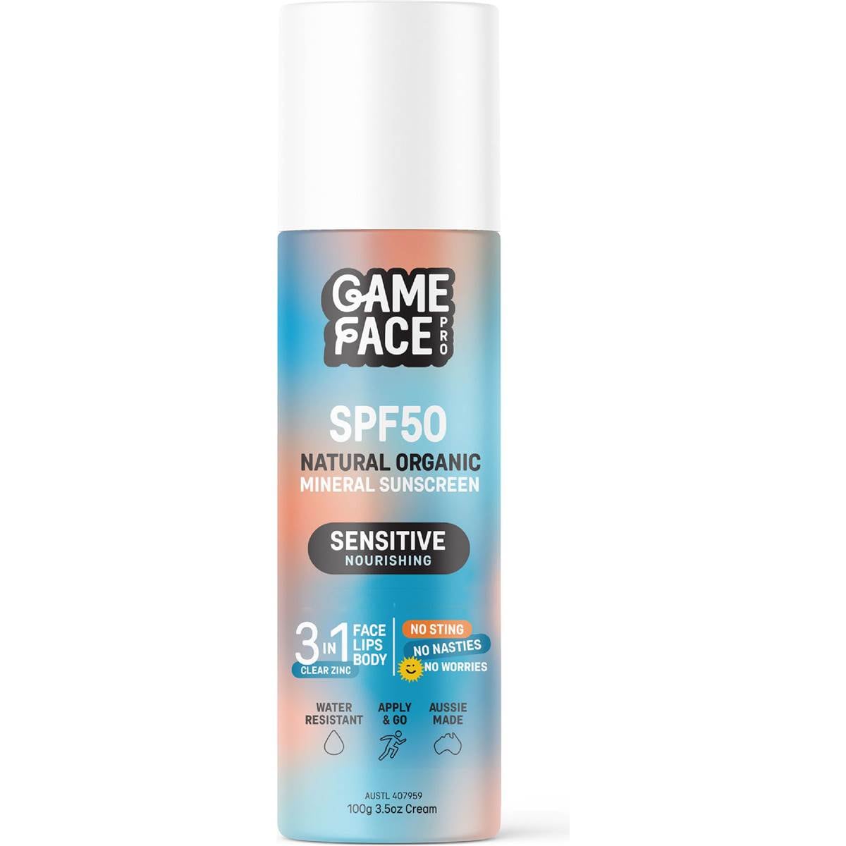 Game Face Pro SPF50 Organic Mineral Sensitive Sunscreen