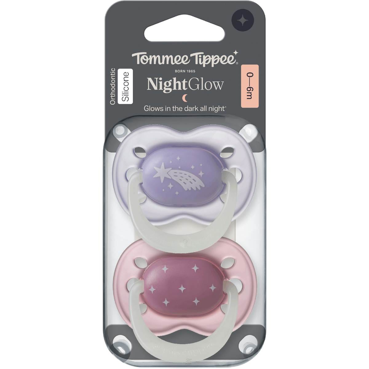 Tommee Tippee Night Glow Silicone Soother 0-6M Assorted 2 pack