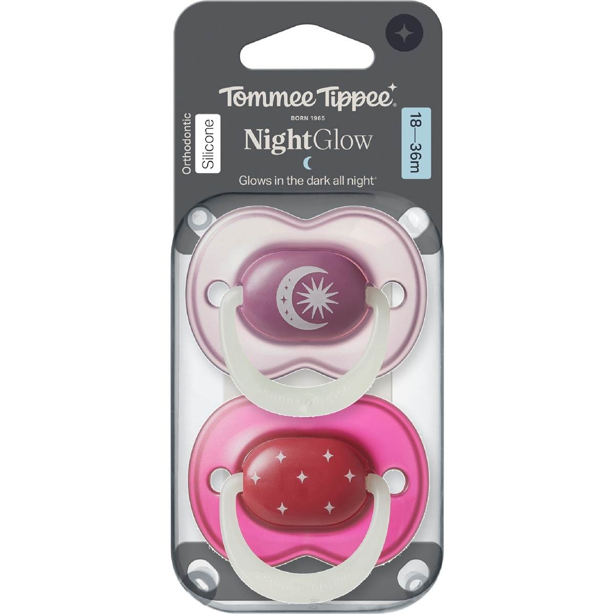 Tommee Tippee Night Glow Silicone Soother 18-36M Assorted 2 pack