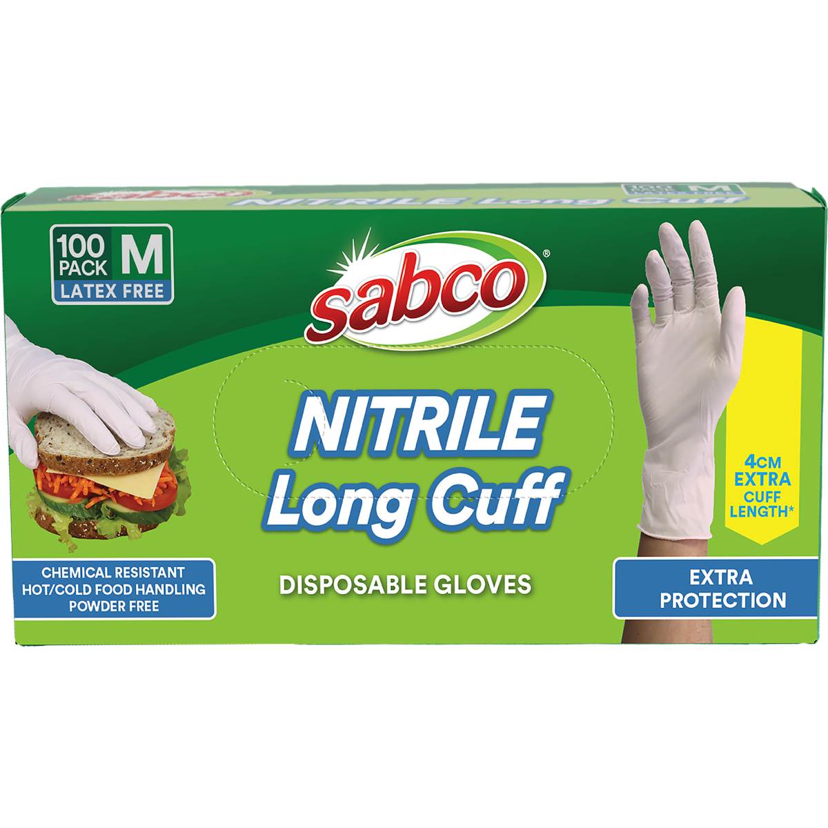 Sabco Nitrile Long Cuff Disposable Gloves Medium 100 pack