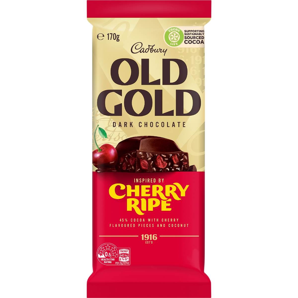 Cadbury Old Gold Cherry Ripe Dark Chocolate Block 170g