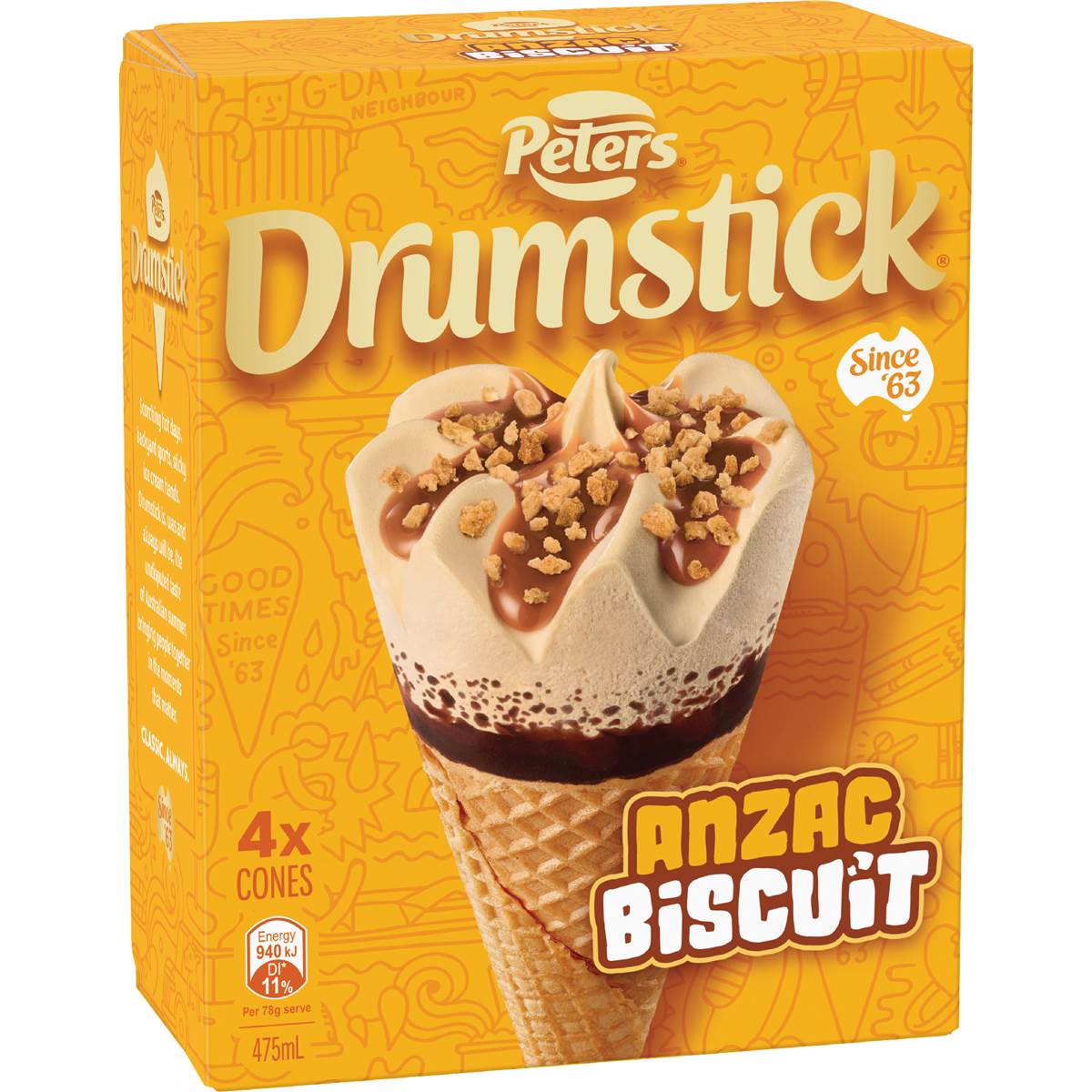 Peters Drumstick Anzac Biscuit Ice Cream Cones 475mL 4 pack