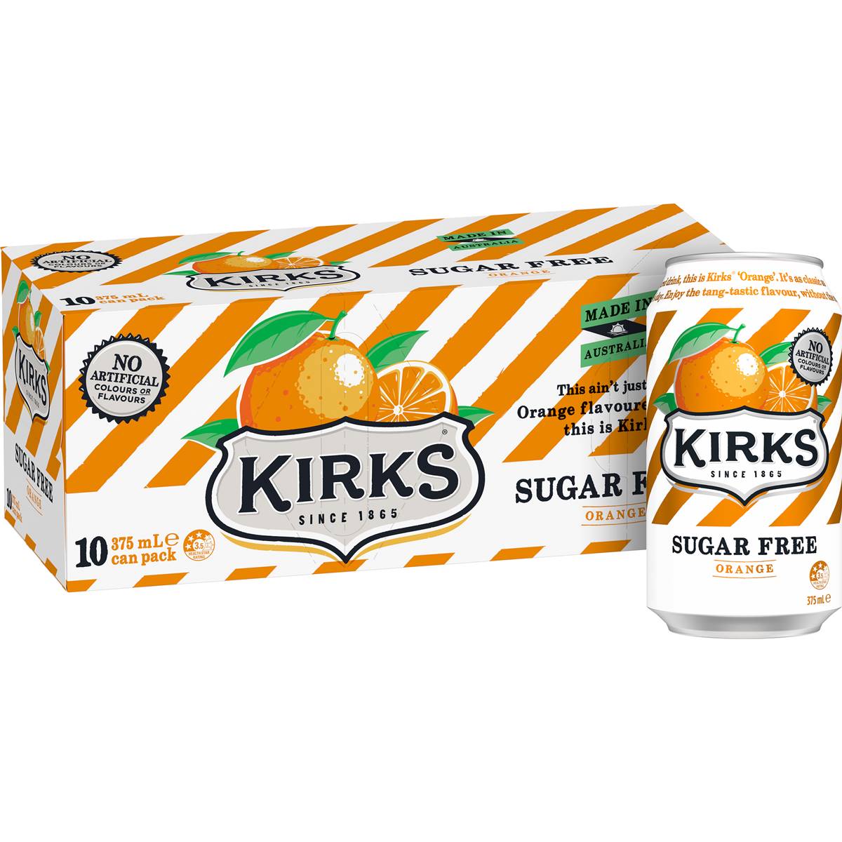 Kirks Zero Sugar Orange Soft Drink Cans 375mL x 10 pack